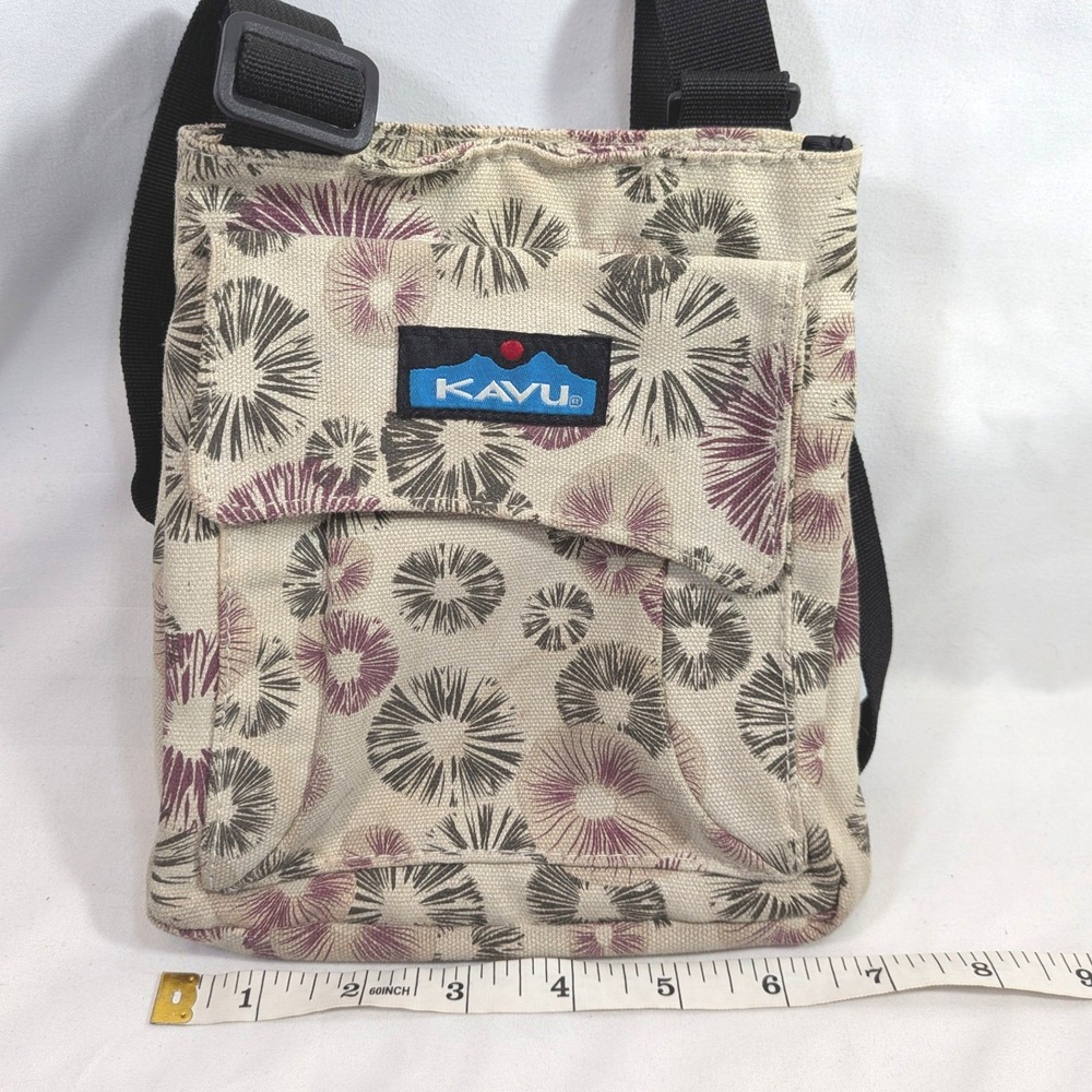 KAVU Beige Crossbody Bag; Floral Burst Canvas Adjustable Strap